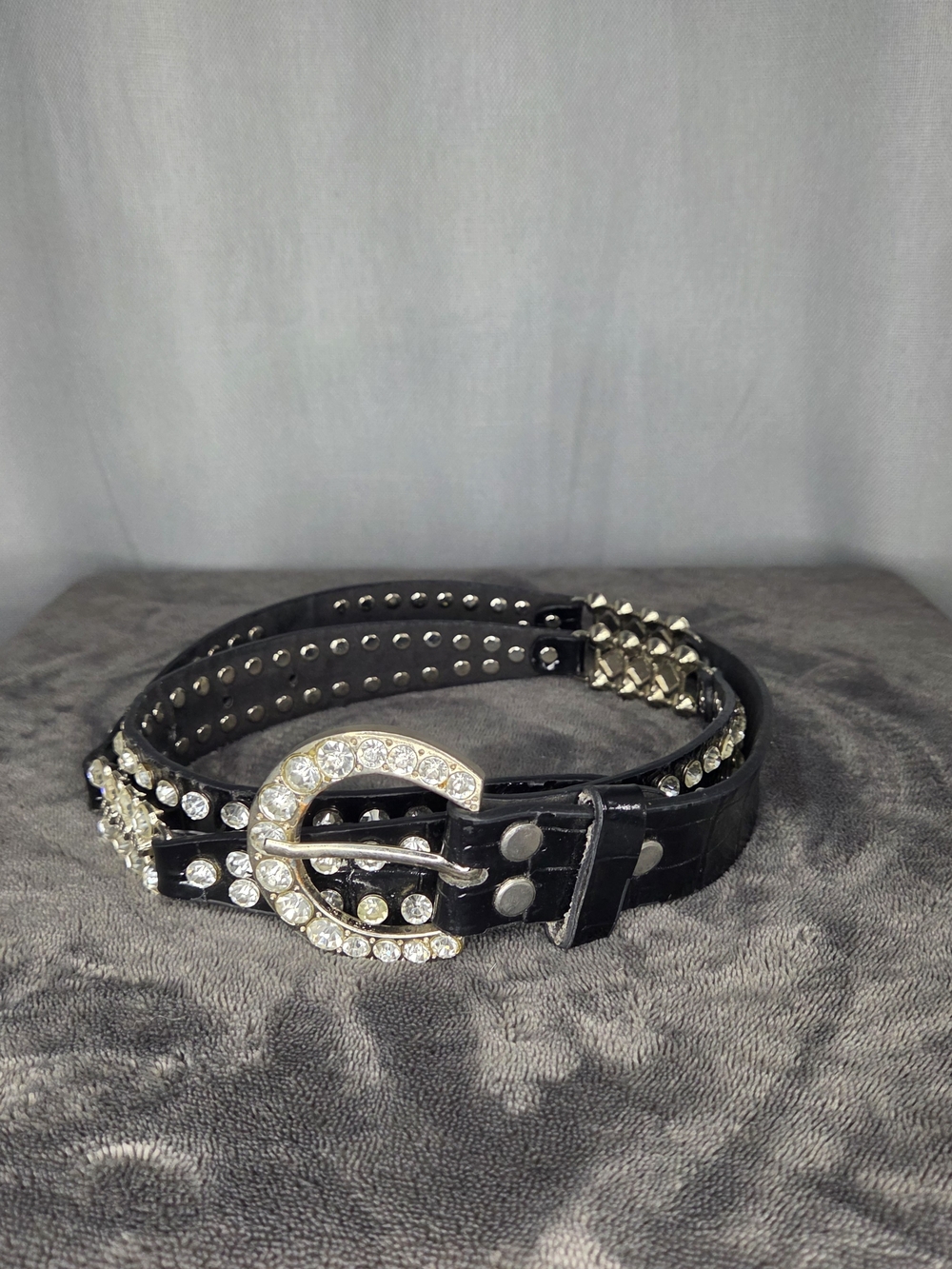 Rhinestone Studded Black Leather Belt with Crystal Buckle